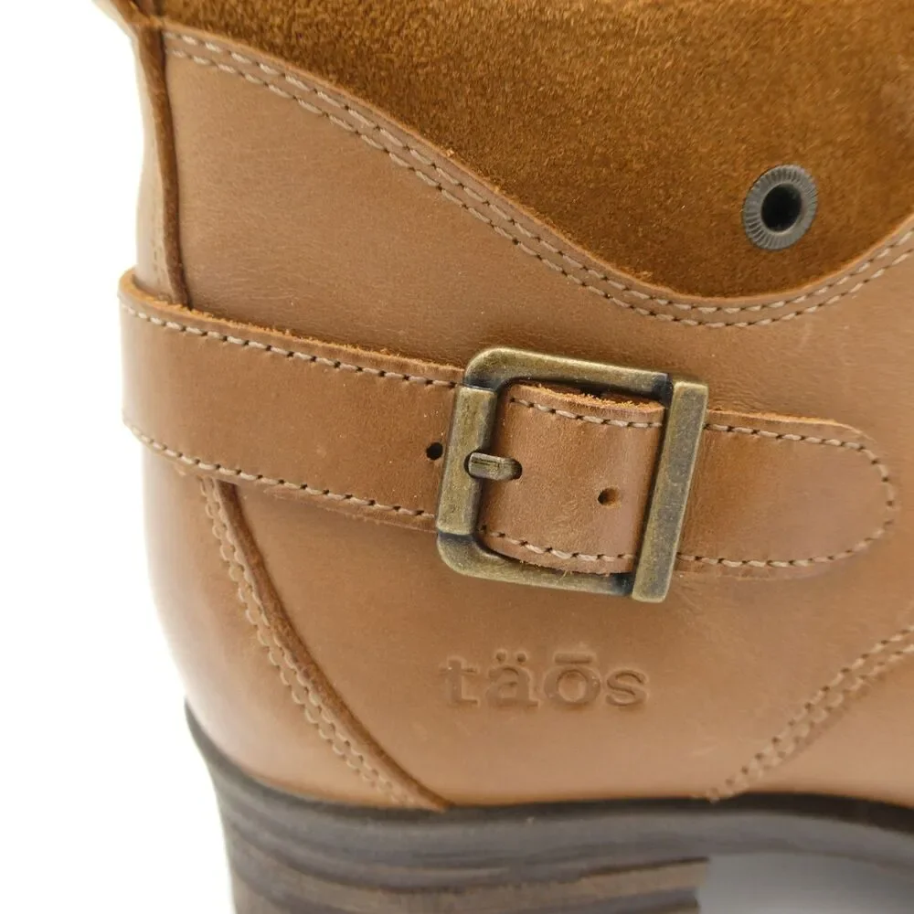 Taos Mini Crave Women's 9-9.5 Leather Zip Lace Ankle Boots Cognac Buckle Moto Bo